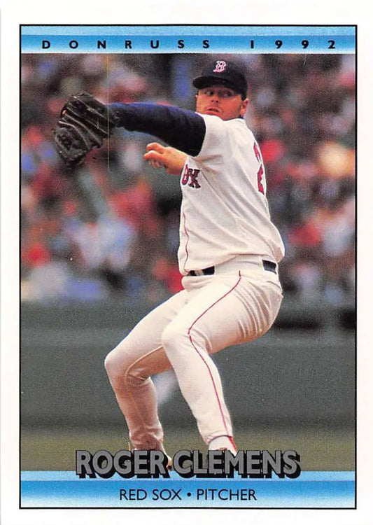 Red Sox pitcher Roger Clemens mid-throw in white uniform on 1992 Donruss baseball card