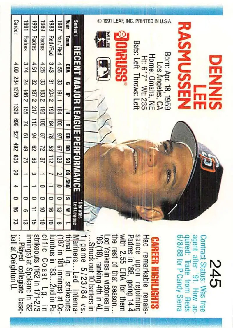 Baseball trading card featuring Dennis Rasmussen from the San Diego Padres 1992 Leaf set