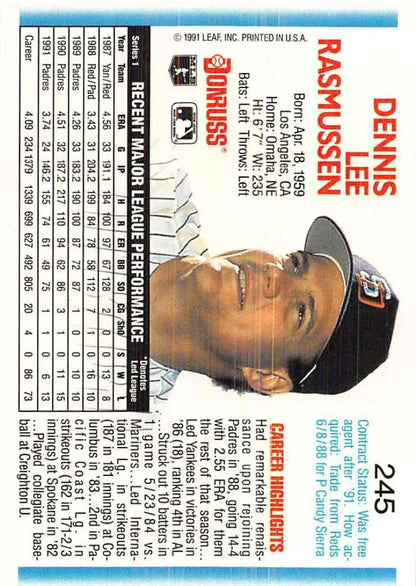 Baseball trading card featuring Dennis Rasmussen from the San Diego Padres 1992 Leaf set