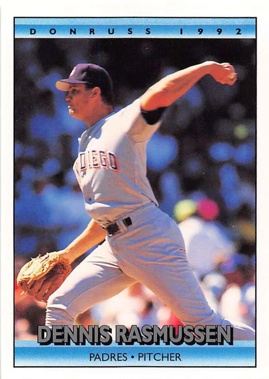 Baseball card of Dennis Rasmussen in mid-throw for San Diego Padres road uniform