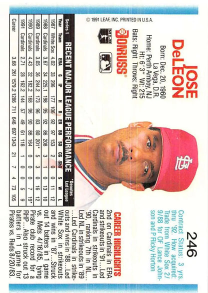 Baseball card of Jose DeLeon in a red St. Louis Cardinals cap, 1992 Donruss #246