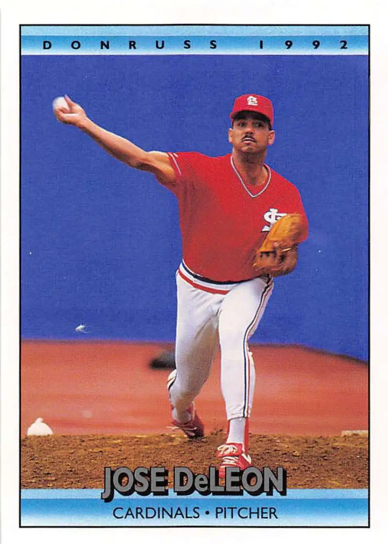 1992 Donruss baseball card of Jose DeLeon, St. Louis Cardinals pitcher mid-delivery