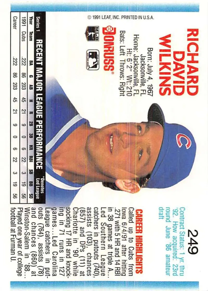 1992 Donruss #249 Rick Wilkins Baseball Card featuring Chicago Cubs player