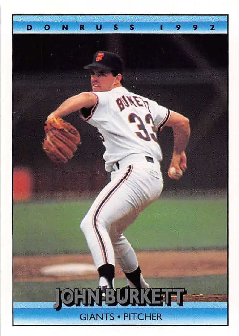 1992 Donruss baseball card of John Burkett pitching for the San Francisco Giants