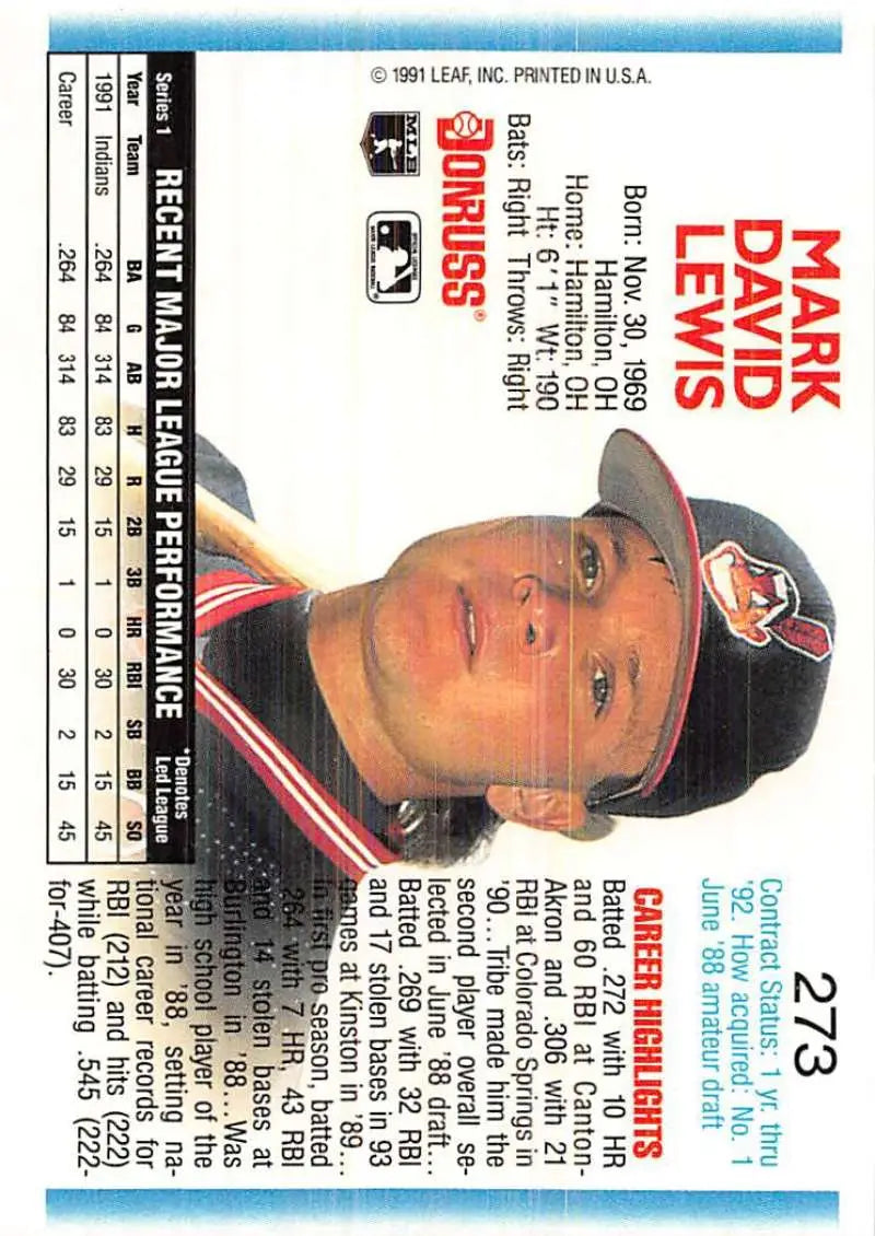 Baseball card featuring Mark Lewis of the Cleveland Indians from the 1992 Donruss set