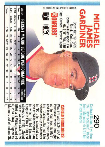 Cleveland Indians player Mike Gardiner in navy cap on 1992 Donruss Boston Red Sox card