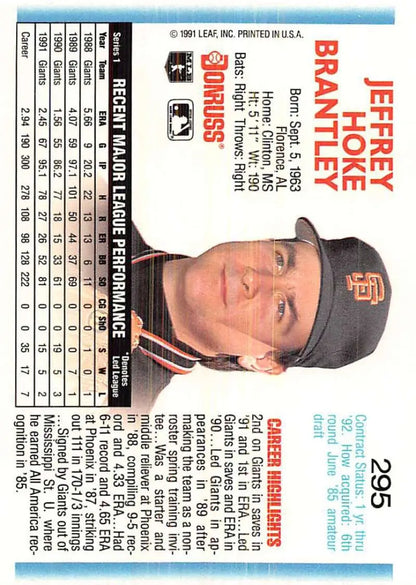 Baseball card of Jeff Brantley in black cap for San Francisco Giants collectors