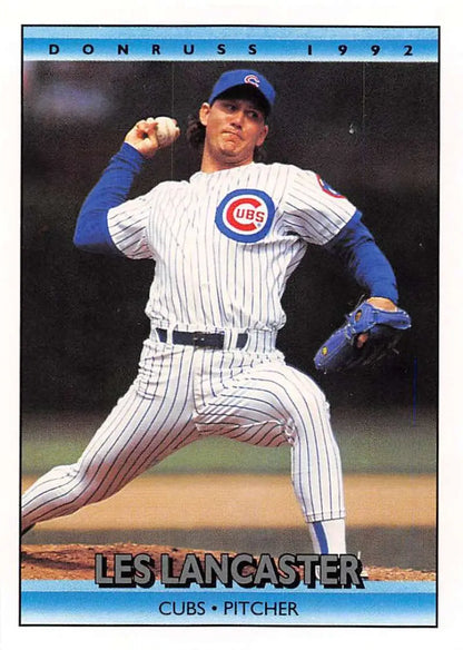 Baseball pitcher Les Lancaster delivering a pitch in Chicago Cubs pinstriped uniform