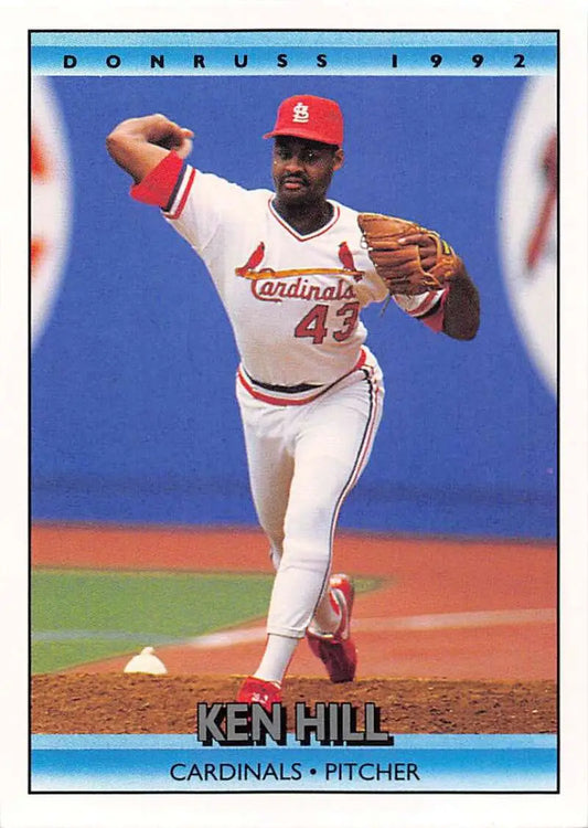 1992 Donruss Ken Hill baseball card showing St. Louis Cardinals pitcher mid-throw