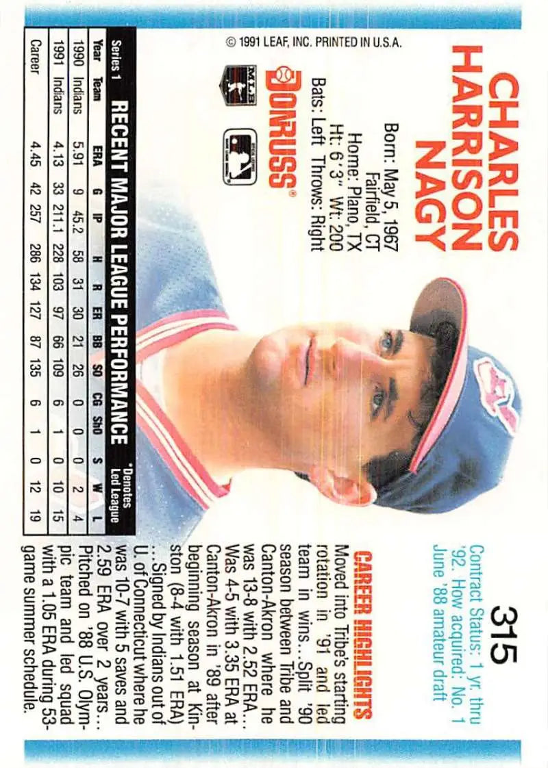 Baseball card featuring Charles Nagy from the 1992 Donruss set, Cleveland Indians