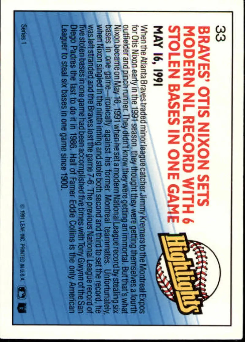 1992 Donruss Otis Nixon Atlanta Braves Baseball Card with statistics and logo design