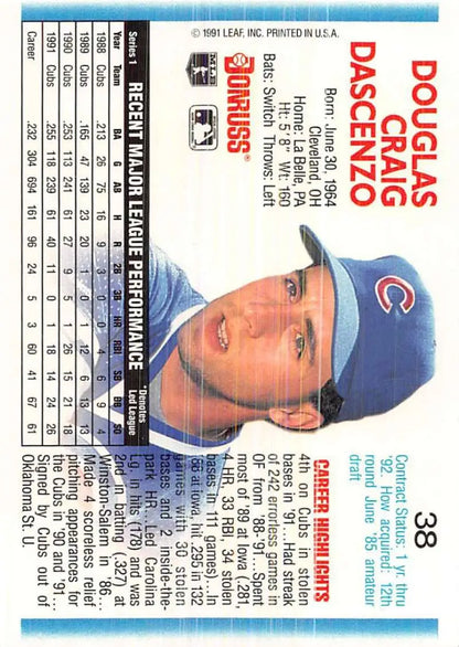 Doug Dascenzo Chicago Cubs baseball card with player in blue cap from 1992 Donruss