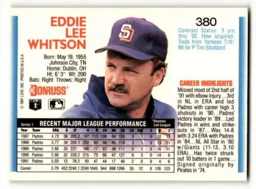 Eddie Lee Whitson San Diego Padres baseball card with original gloss 1992 Donruss #380