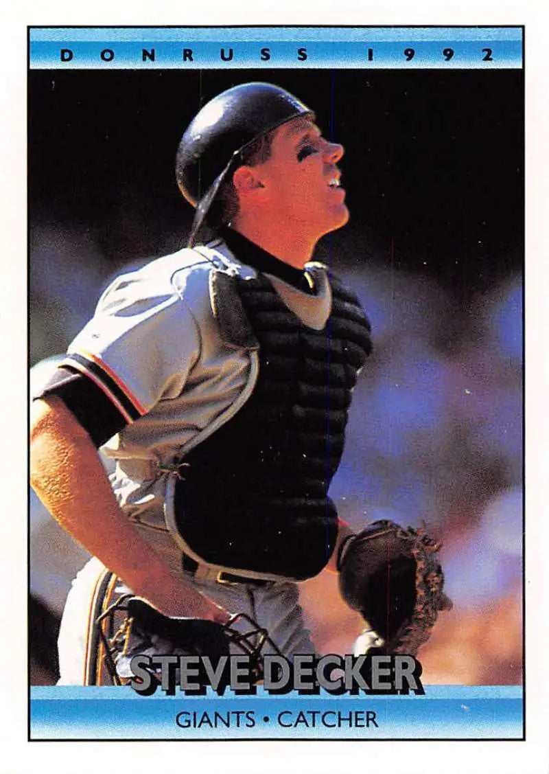 Baseball catcher Steve Decker in Giants uniform with gear on 1992 Donruss card