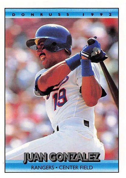 Texas Rangers Baseball Card of Juan Gonzalez in batting stance, number 19