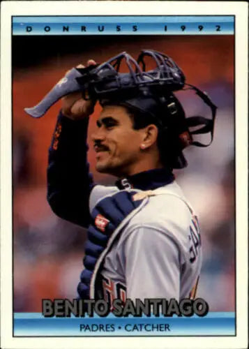 Baseball card of Benito Santiago lifting his mask for the Padres, original gloss quality