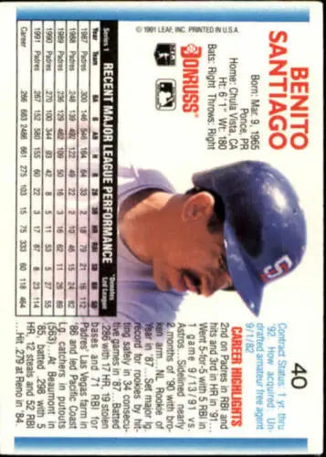 Original gloss 1992 Donruss #40 Benito Santiago trading card featuring player in blue helmet