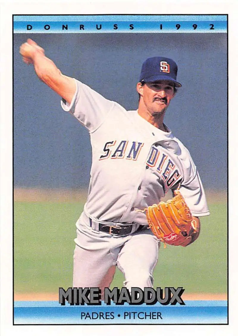 1992 Donruss Mike Maddux baseball card featuring San Diego Padres pitcher in white uniform