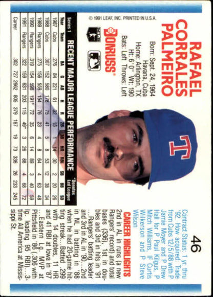 1992 Donruss Rafael Palmeiro Texas Rangers Baseball Card with blue cap and red T logo