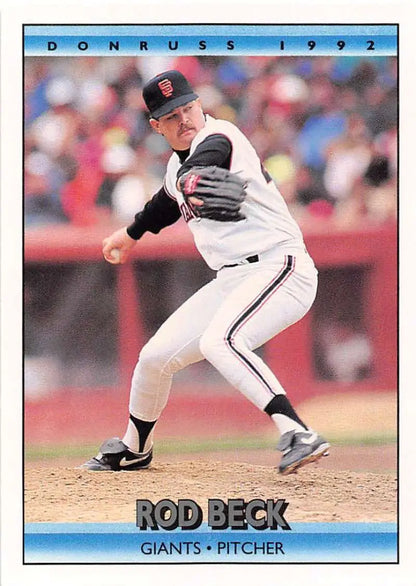 1992 Donruss Rod Beck rookie baseball card of San Francisco Giants pitcher in action