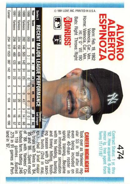 Baseball card of Alvaro Espinoza in New York Yankees cap and glasses