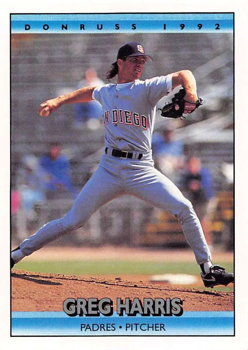 Greg Harris delivering a pitch in San Diego Padres uniform on baseball card