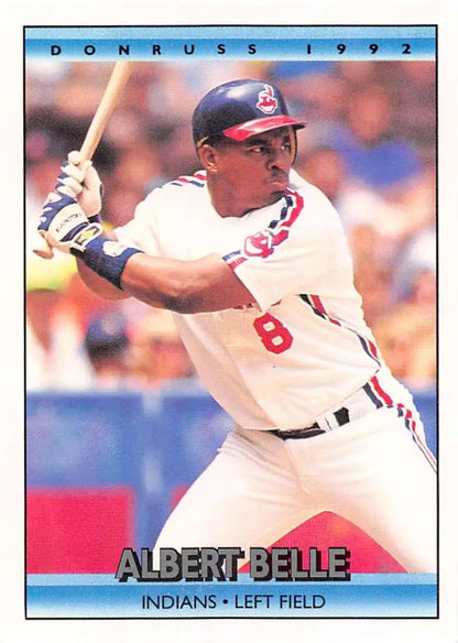 Albert Belle at bat in white and red uniform on 1992 Donruss Cleveland Indians baseball card