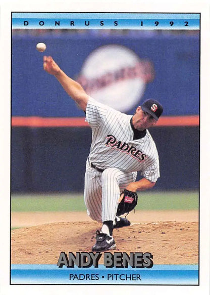 1992 Donruss #524 Andy Benes in mid-delivery for San Diego Padres baseball card