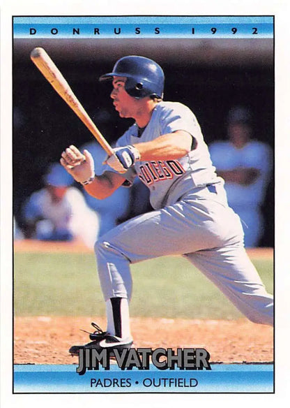 1992 Donruss baseball card of Jim Vatcher, outfielder for San Diego Padres at bat