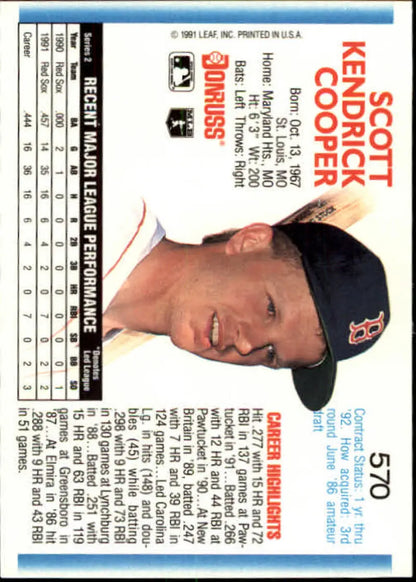 1992 Donruss #570 Scott Cooper Boston Red Sox Baseball Card with navy blue cap