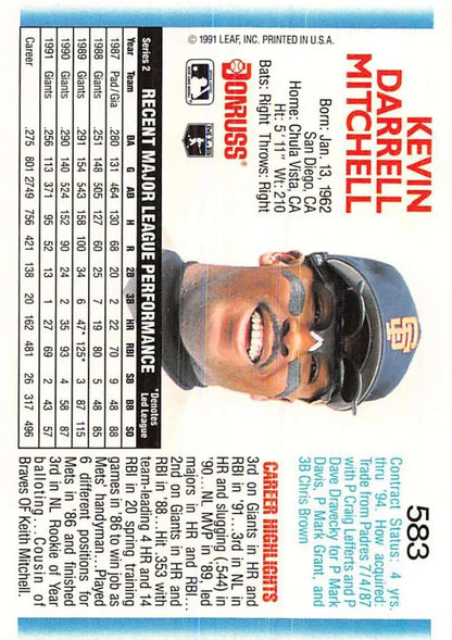 Baseball card of Kevin Mitchell smiling, San Francisco Giants player, dark helmet