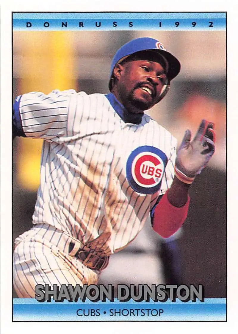 Shawon Dunston Chicago Cubs baseball card in white pinstriped uniform from 1992 Donruss