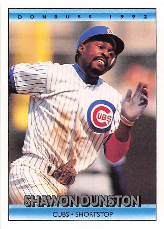 Shawon Dunston Chicago Cubs baseball card in white pinstriped uniform from 1992 Donruss