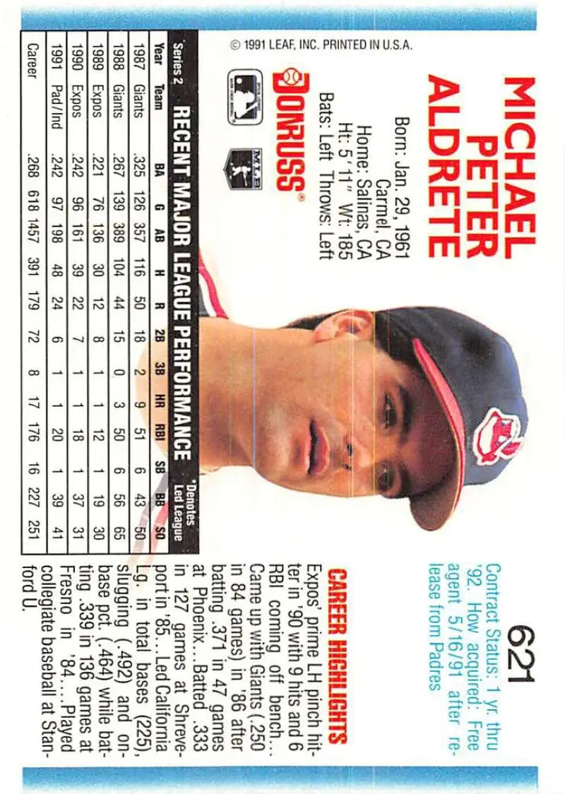 Cleveland Indians baseball card featuring Mike Aldrete in red and navy cap