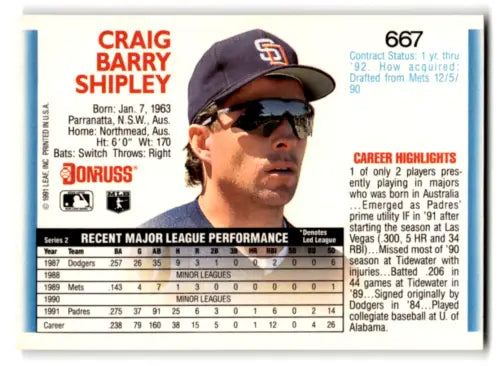 Craig Shipley baseball card 1992 Donruss Near Mint Padres with original gloss finish