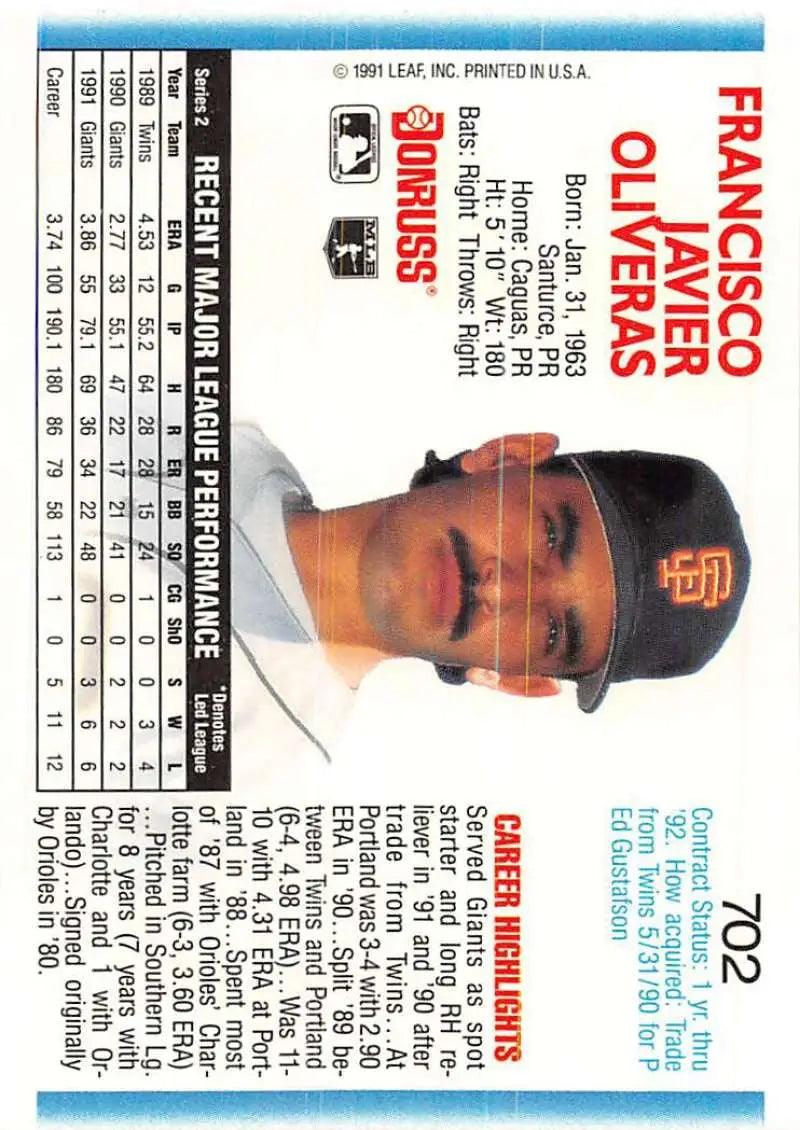 Baseball trading card of Francisco Oliveras from the San Francisco Giants