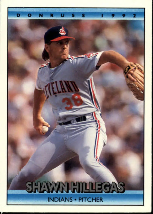 Cleveland Indians pitcher Shawn Hillegas in mid-throw on 1992 baseball card