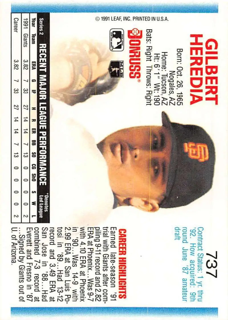 Gil Heredia rookie card featuring San Francisco Giants player in black cap