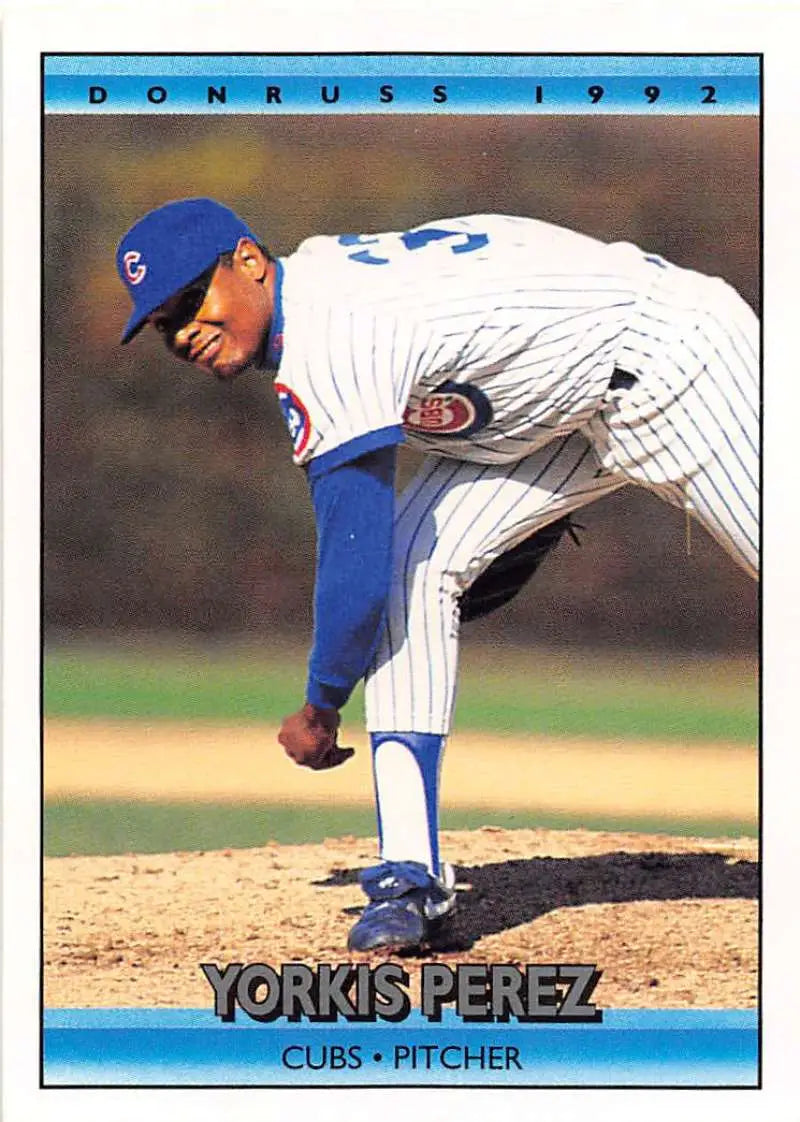 1992 Donruss baseball card of Yorkis Perez delivering for Chicago Cubs