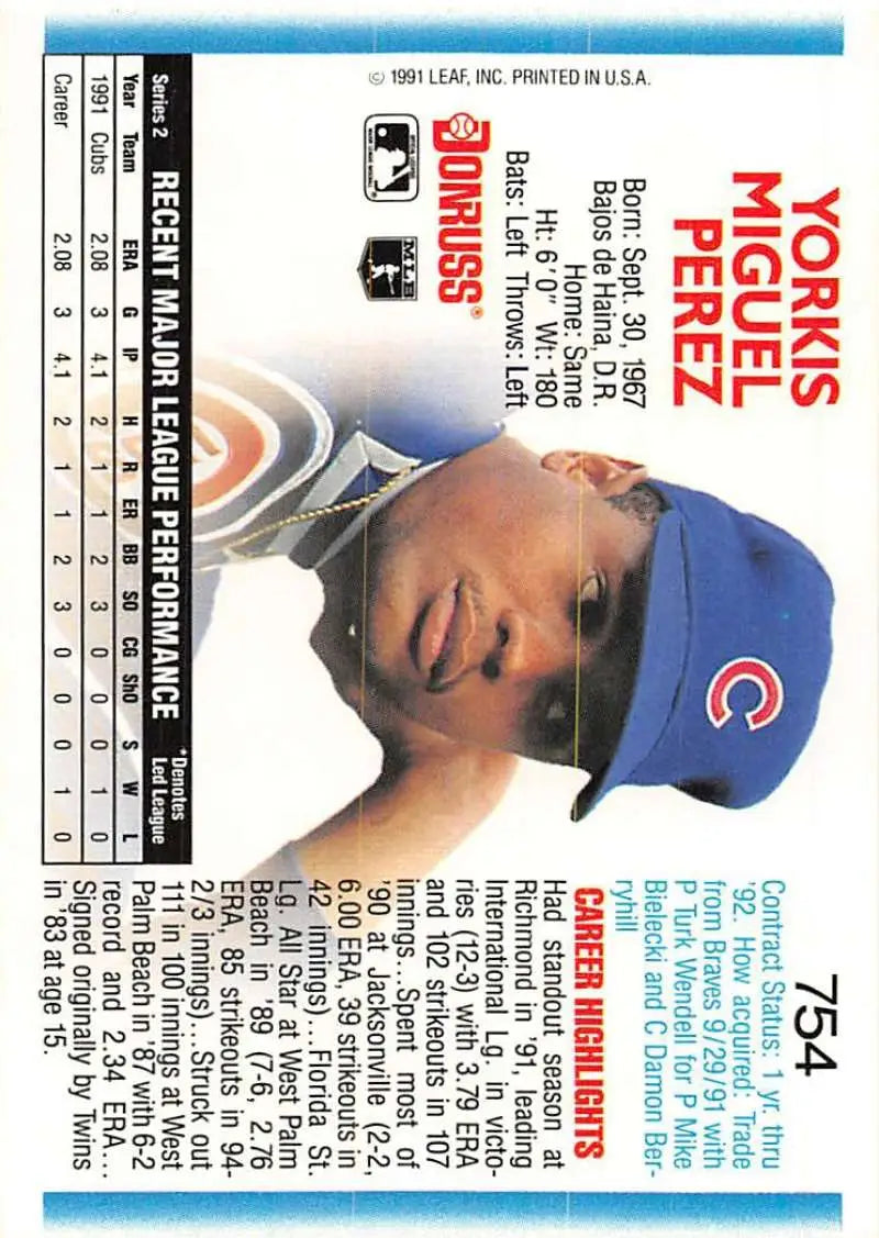 Baseball card of Yorkis Perez in a blue cap representing Chicago Cubs