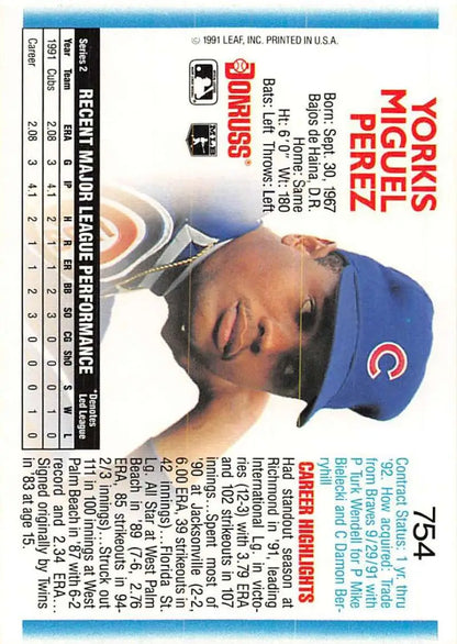 Baseball card of Yorkis Perez in a blue cap representing Chicago Cubs