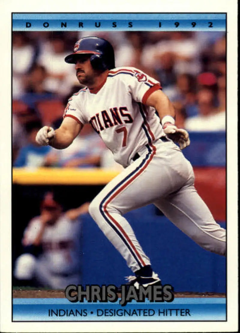 Chris James swinging a bat in a Cleveland Indians uniform on a baseball card