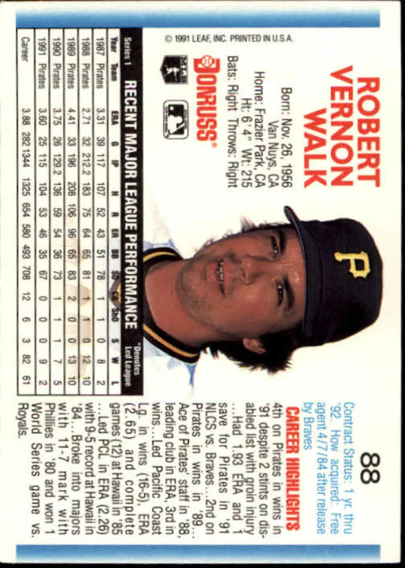 Baseball card of Bob Walk in a black cap with yellow P for Pittsburgh Pirates