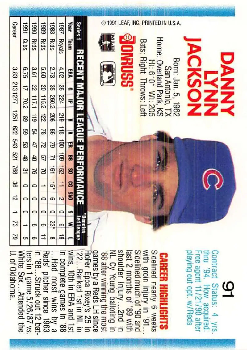 1992 Donruss Danny Jackson Baseball Card featuring Chicago Cubs player in blue cap