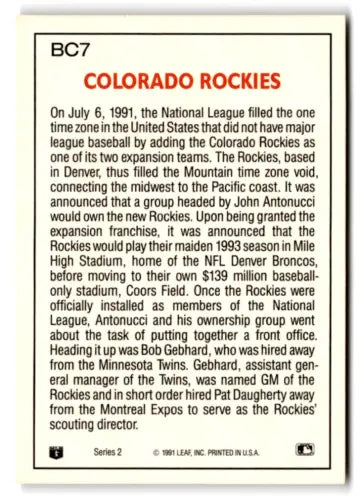 Baseball card back of 1992 Donruss Bonus Cards BC7 Colorado Rockies original gloss