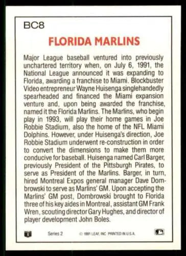 Back of 1992 Donruss Bonus Cards BC8 Florida Marlins with original gloss finish