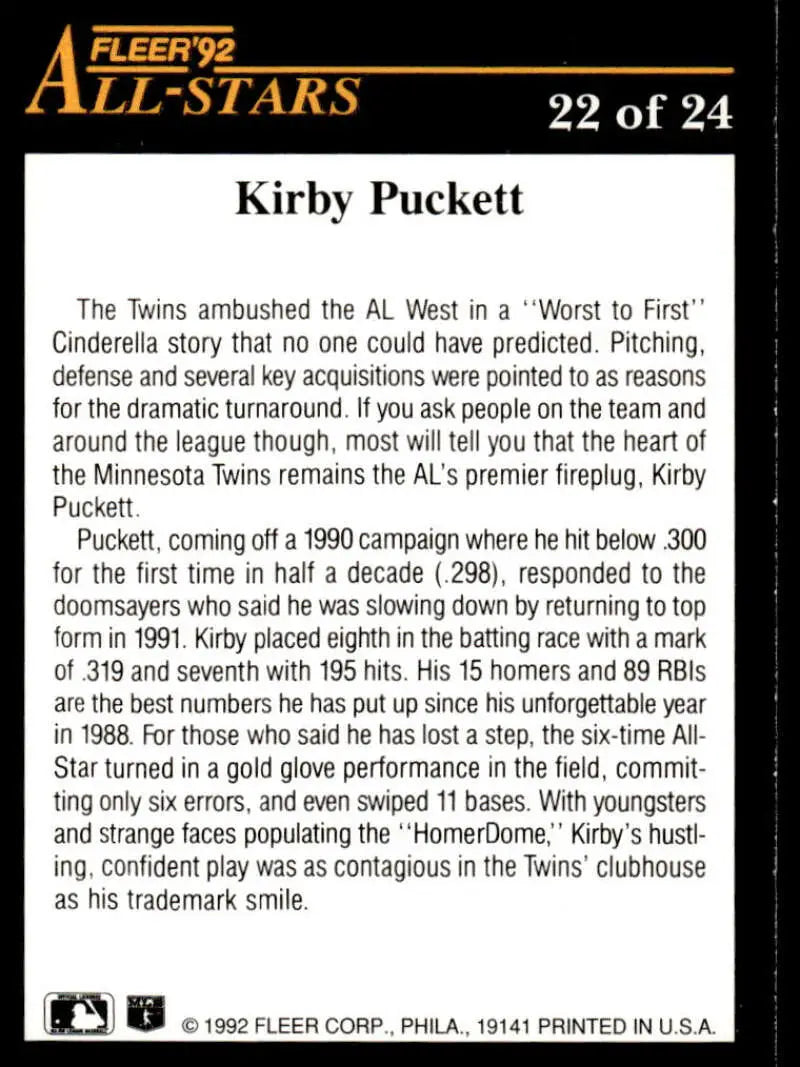 Baseball card featuring Kirby Puckett from the 1992 Fleer All-Stars set, Minnesota Twins