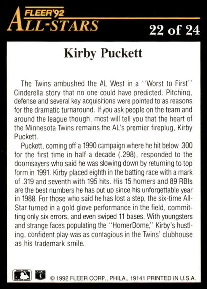 Baseball card back featuring Kirby Puckett from the 1992 Fleer Minnesota Twins set