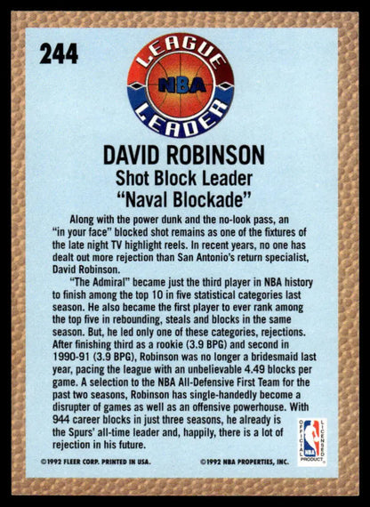 1992 Fleer #244 David Robinson basketball card showcasing his Naval Blockade shot-blocking skills