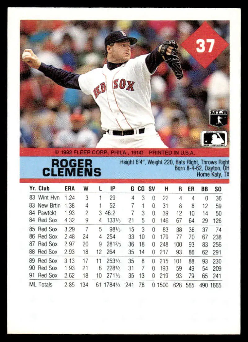 Roger Clemens mid-throw in a Boston Red Sox home uniform baseball card